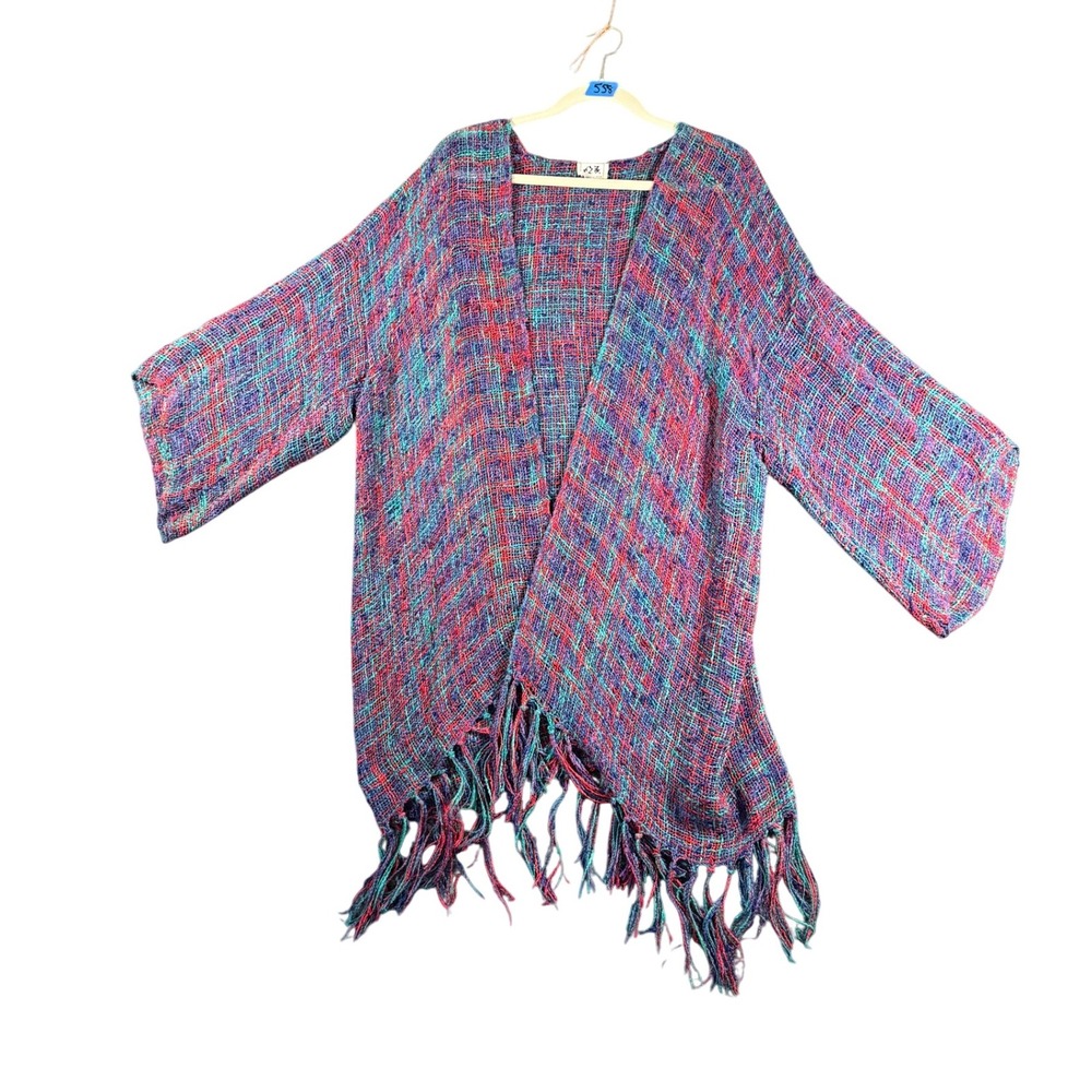 Michelle St. John Kimono Open Front Cardigan Fringe Multicolor Hand‎ Woven